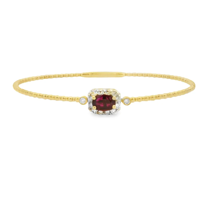 Firm gold bracelet-14K Yellow Gold Flexible Bangle with Ruby and Diamond Accent