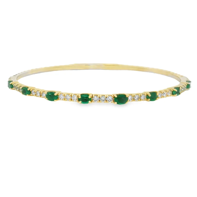 Antique emerald bracelet-14K Yellow Gold Flexible Emerald and Diamond Bangle Bracelet