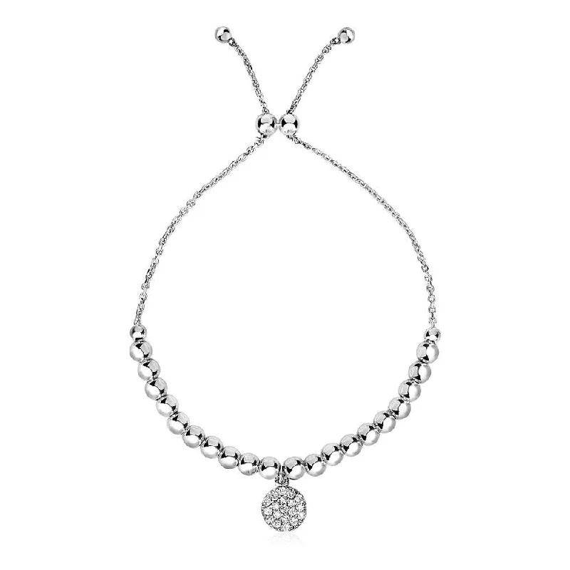 Locked bracelet-Adjustable Bead Bracelet with Round Charm and Cubic Zirconias in Sterling Silver