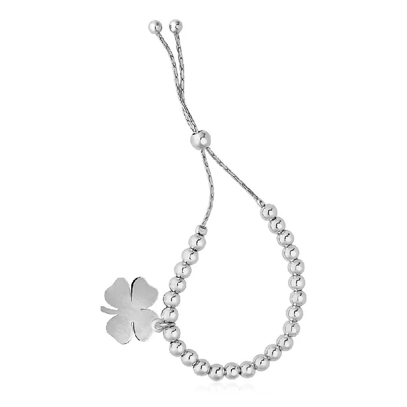 High cabochon bracelet-Adjustable Shiny Bead Bracelet with Four Leaf Clover Charm in Sterling Silver