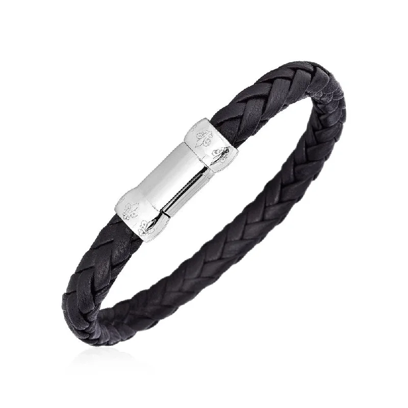 Malleable gem bracelet-Braided Black Leather Bracelet with Sterling Silver Clasp