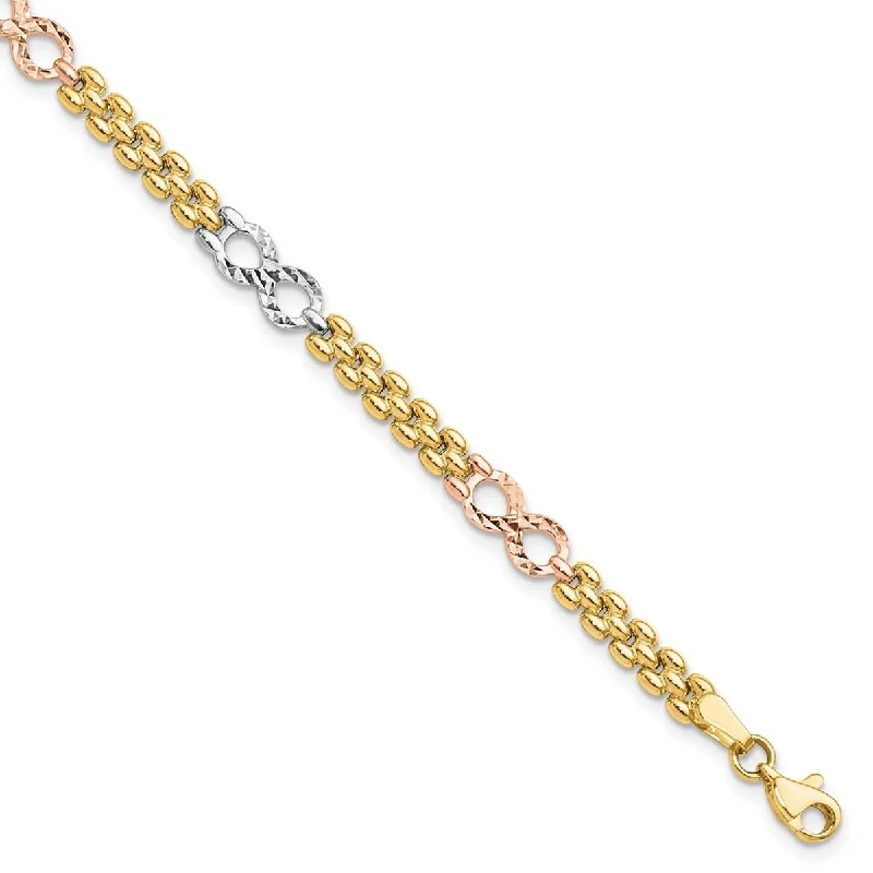 Slope gem bracelet-Curata 14k Tri color Gold Polished and Textured Infinity Fancy Bracelet 7.5 Inch