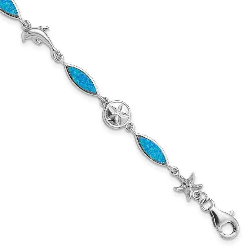 Arced gem bracelet-Curata 20mm 925 Sterling Silver Rhodium Plated Blue Inlay Simulated Opal Sea Life Bracelet 7 Inch