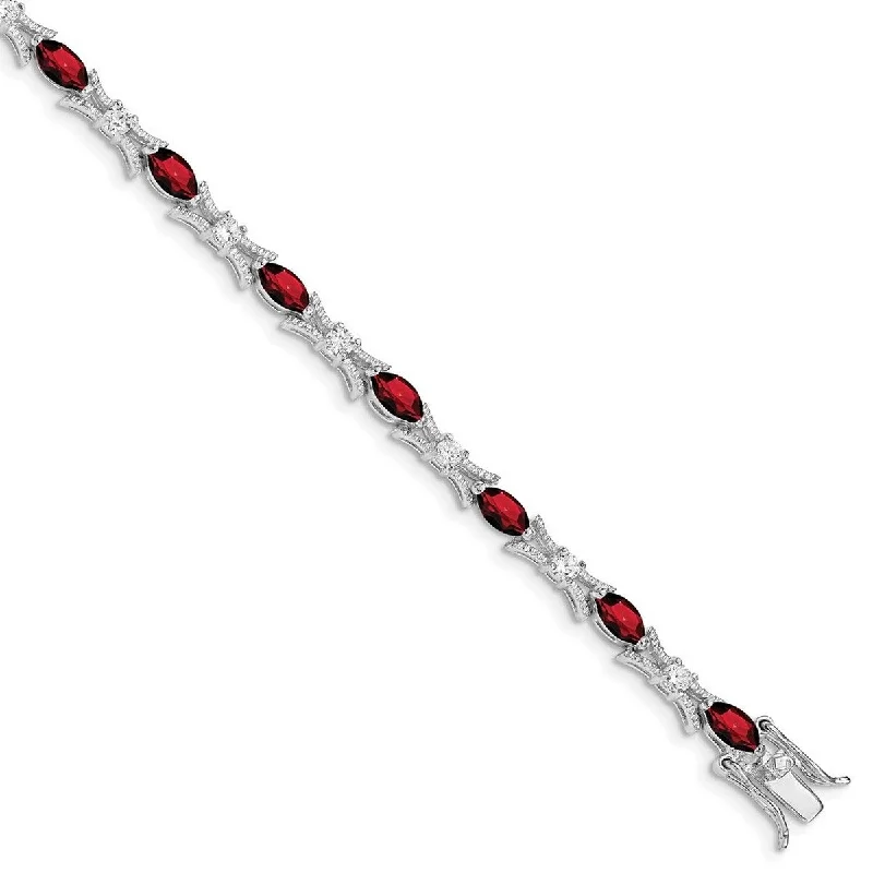 Narrow-tier bracelet-Curata 925 Sterling Silver Polished Box Catch Closure Garnet and CZ Cubic Zirconia Simulated Diamond Bracelet 7.5 Inch Box Clasp