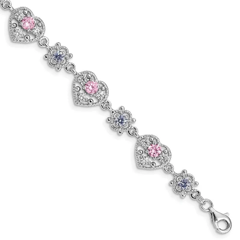 Divided band bracelet-Curata 925 Sterling Silver Polished Fancy Lobster Closure 7inch Lavender and Pink CZ Cubic Zirconia Simulated Diamond Bracelet