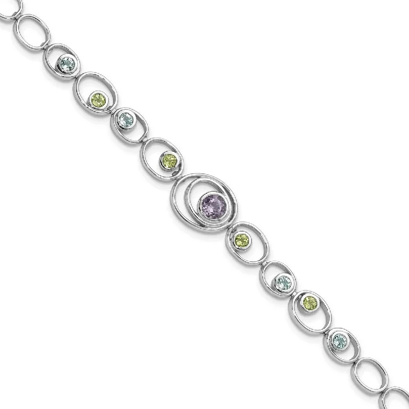 Tapered gem bracelet-Curata 925 Sterling Silver Polished Multi colored Fancy Lobster Closure Rhodium Plated With Peridot Blue Topaz and Amethyst