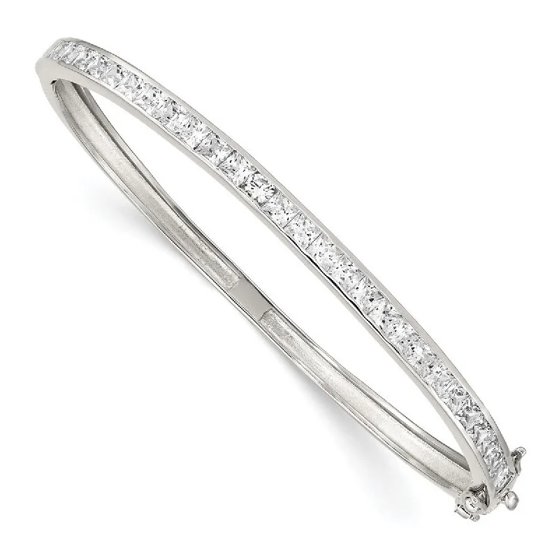 Subtle silver bracelet-Curata 925 Sterling Silver Polished Safety bar Box Catch Closure CZ Cubic Zirconia Simulated Diamond Hinged Cuff Stackable