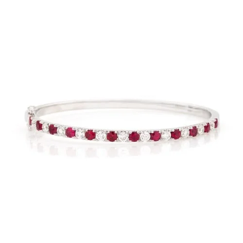 Flat-set stone bracelet-Elegant 18K White Gold Diamond & Ruby Bangle Bracelet