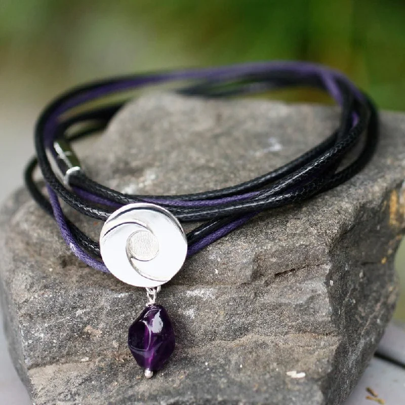 Flat-set stone bracelet-Handmade Sterling Silver 'Integration' Amethyst Bracelet (Mexico) - Black