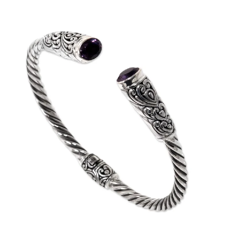 Droplet bracelet-Handmade Sterling Silver Totem Hearts Amethyst Bracelet (Indonesia)