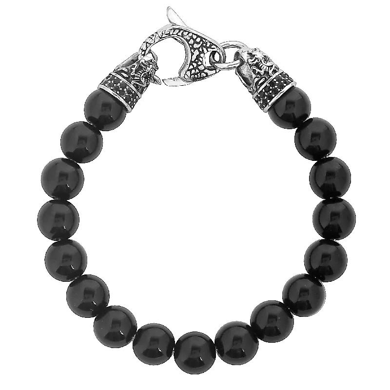 Flecked band bracelet-Men's Onyx Stone Antiqued Steel Bead Bracelet (10mm) - 8.5"