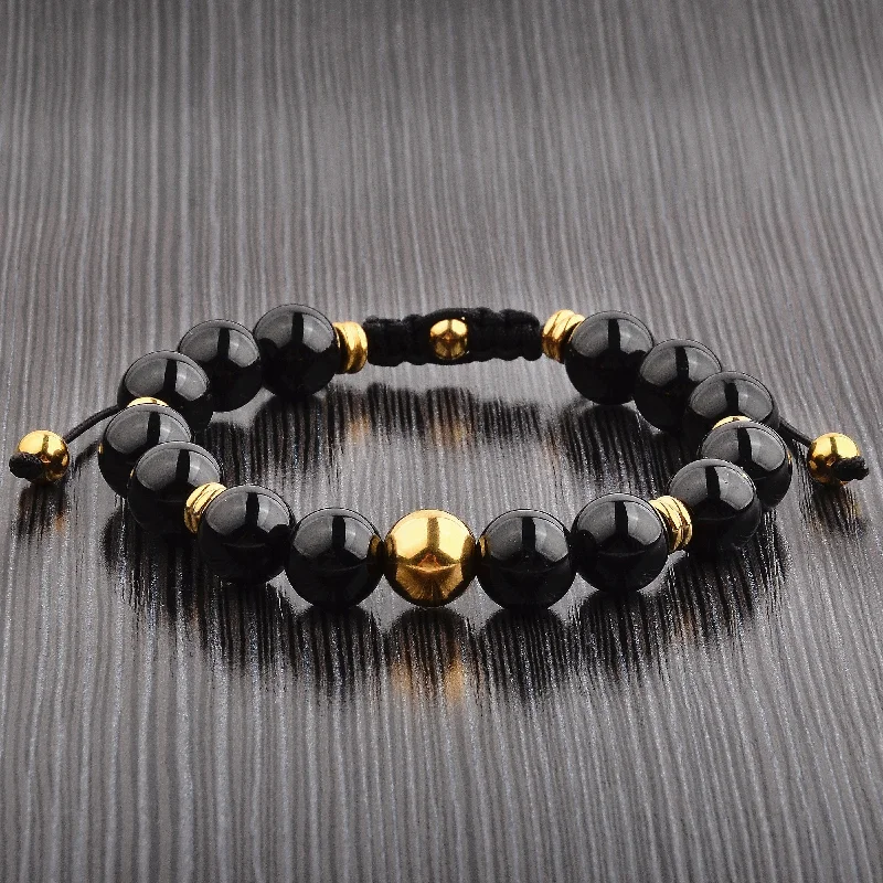 Firm gold bracelet-Men's Onyx Stone Gold Plated Steel Adjustable Bracelet (10mm)