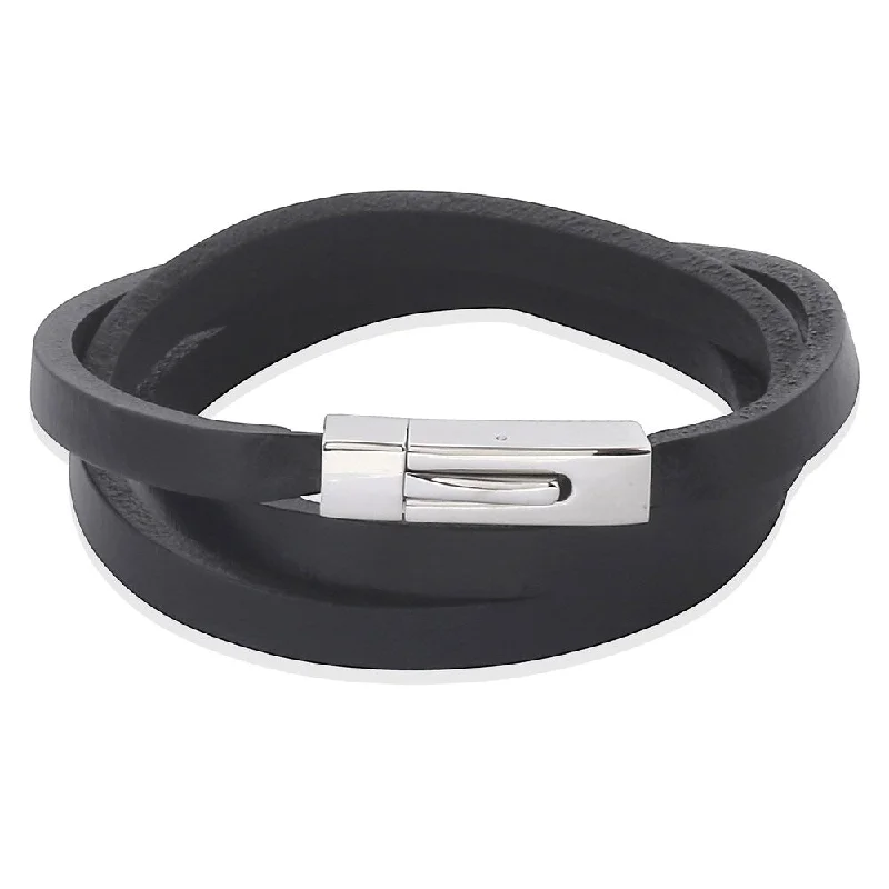 Tapered gem bracelet-Men's Stainless Steel Black Leather Wrap Bracelet