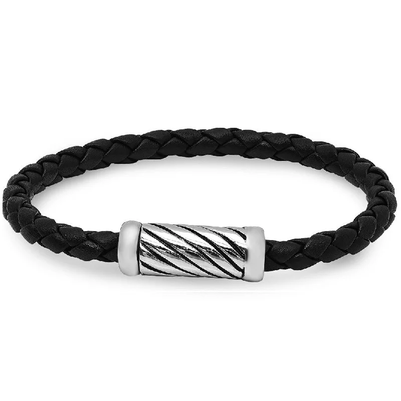 Shaded gem bracelet-Oxford Ivy Braided Black Leather Bracelet with Magnetic Stainless Steel Clasp ( 8 1/2 inches)