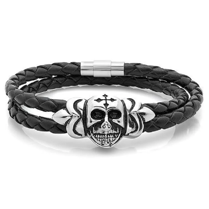 Glossy platinum bracelet-Oxford Ivy Braided Black Leather Wrap Around Steel Skull with Cross Bracelet