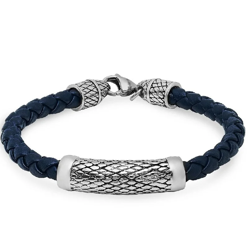 Shimmering quartz bracelet-Oxford Ivy Braided Navy Blue Leather Bracelet with Lobster Claw Clasp ( 8 3/4 inches)