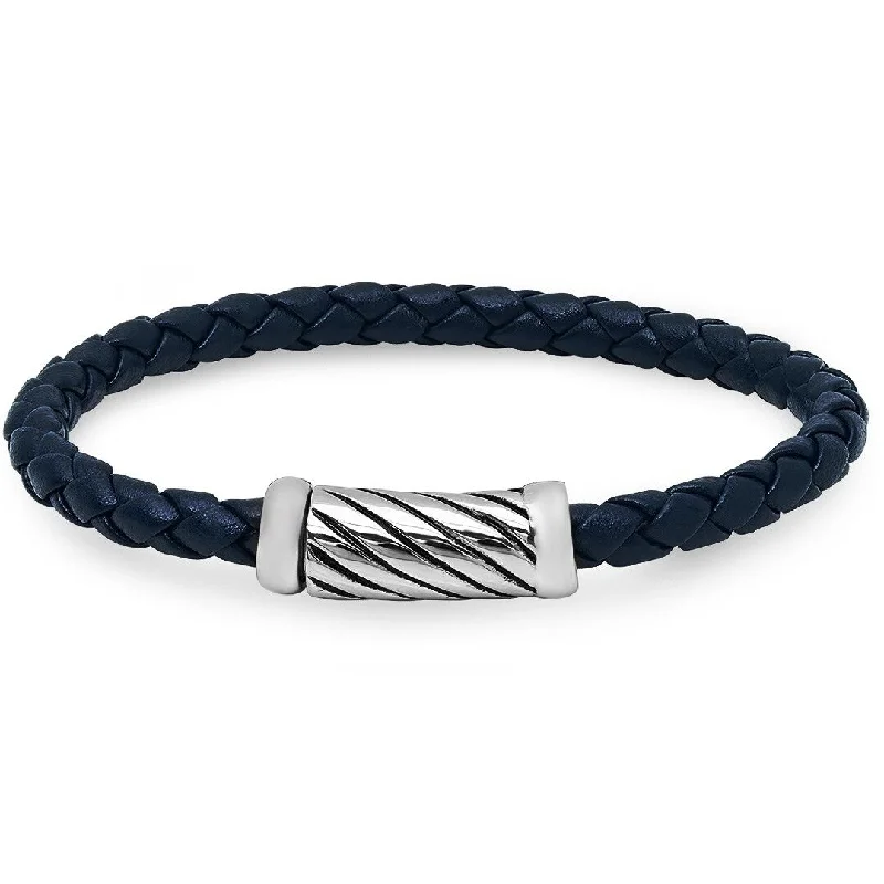 Diffracted crystal bracelet-Oxford Ivy Braided Navy Leather Bracelet with Magnetic Stainless Steel Clasp ( 8 1/2 inches)