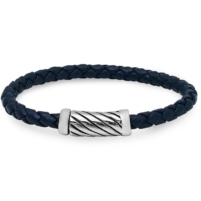 Octagon charm bracelet-Oxford Ivy Braided Navy Leather Bracelet with Magnetic Stainless Steel Clasp ( 8 3/4 inches)