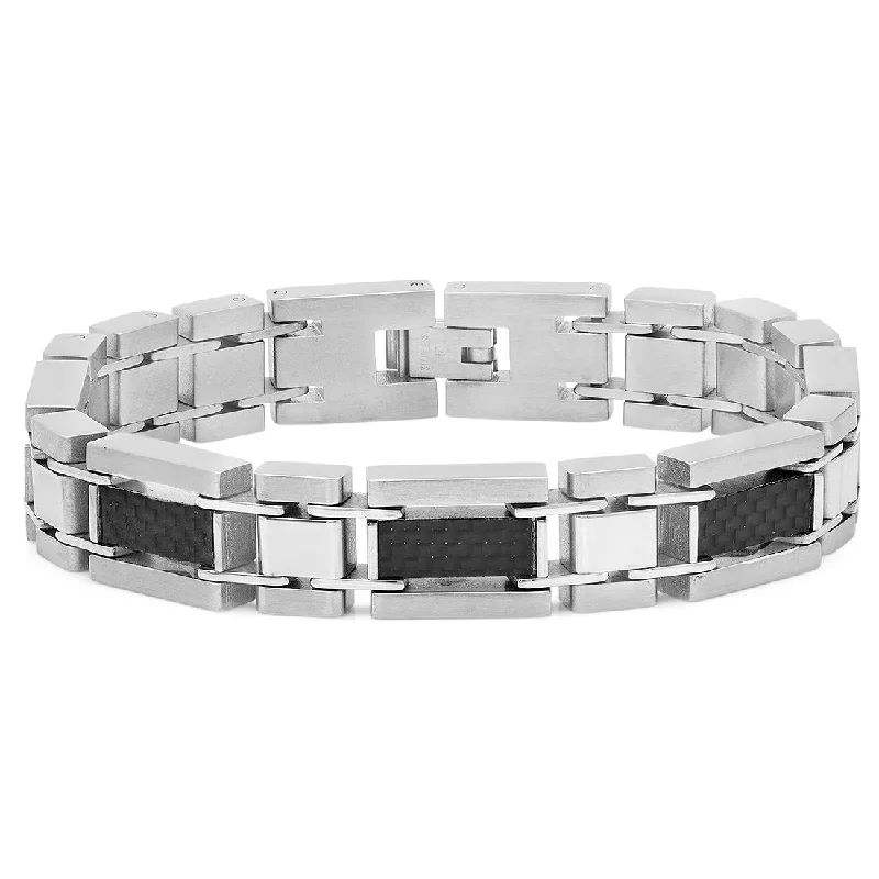 Striated edge bracelet-Oxford Ivy Mens Stainless Steel and Carbon Fiber Link Bracelet