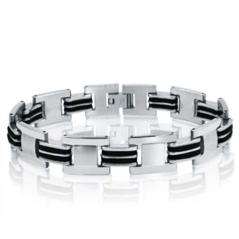 Sparkling crystal bracelet-Oxford Ivy Stainless Steel with Black Rubber Mens Chain Link Bracelet 8 1/2 inches