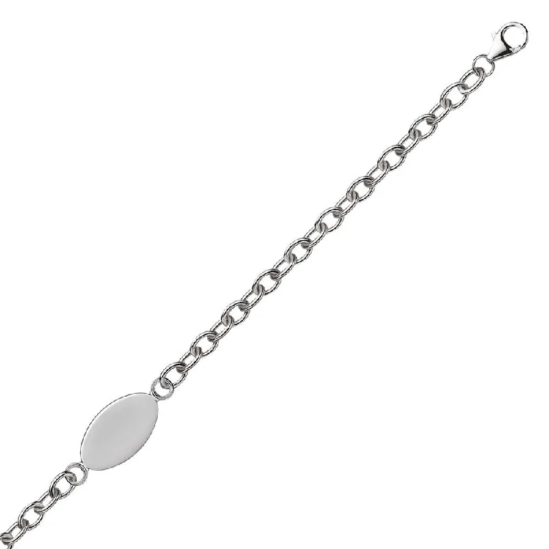 Narrow-tier bracelet-Sterling Silver Rhodium Plated Chain Bracelet with a Flat Oval Station