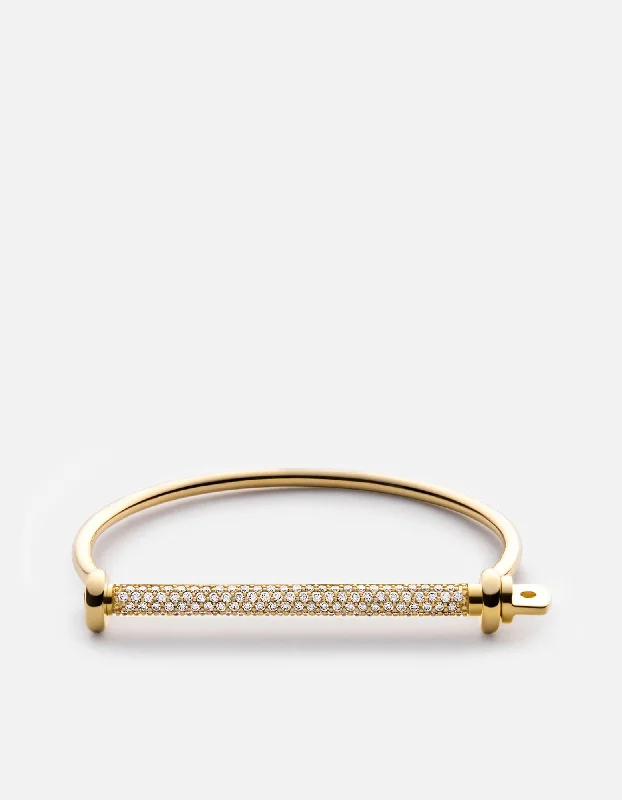 Ethnic grooved bracelet-Thin Screw Cuff, 14k Gold Pavé Bar