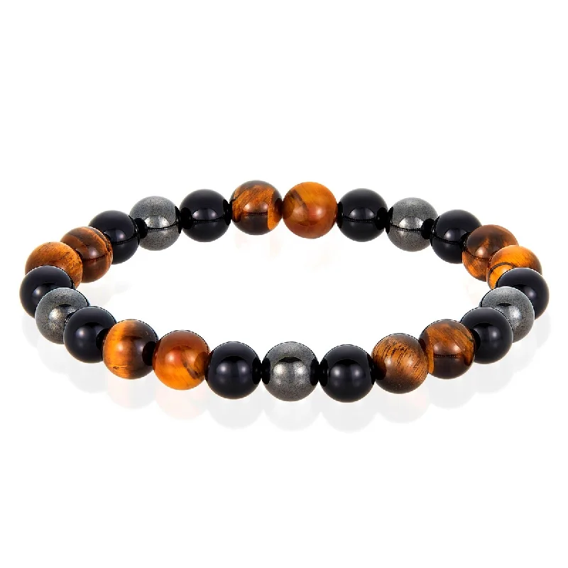 Lined band bracelet-Tiger's Eye with Onyx and Magnetic Hematite Stretch Bracelet (8mm)