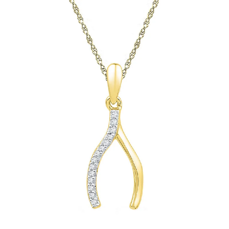 Hex pendant necklace-10k Yellow Gold Diamond Womens Wishbone Lucky Prosperity Charm Pendant 1/20 Cttw