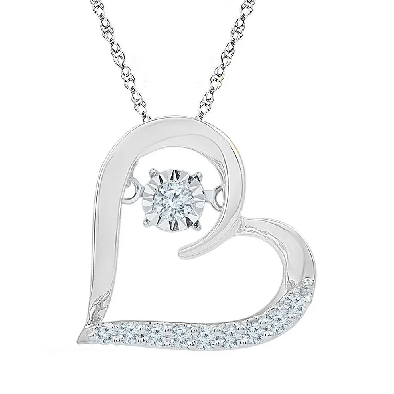 Galactic design necklace-10kt White Gold Womens Moving Twinkle Round Diamond Heart Pendant 1/8 Cttw