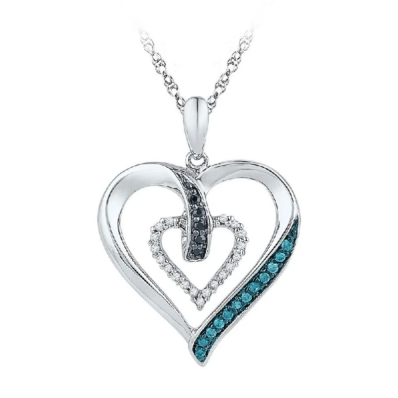 Textured iron necklace-10kt White Gold Womens Round Black Blue Color Enhanced Diamond Heart Pendant 1/6 Cttw