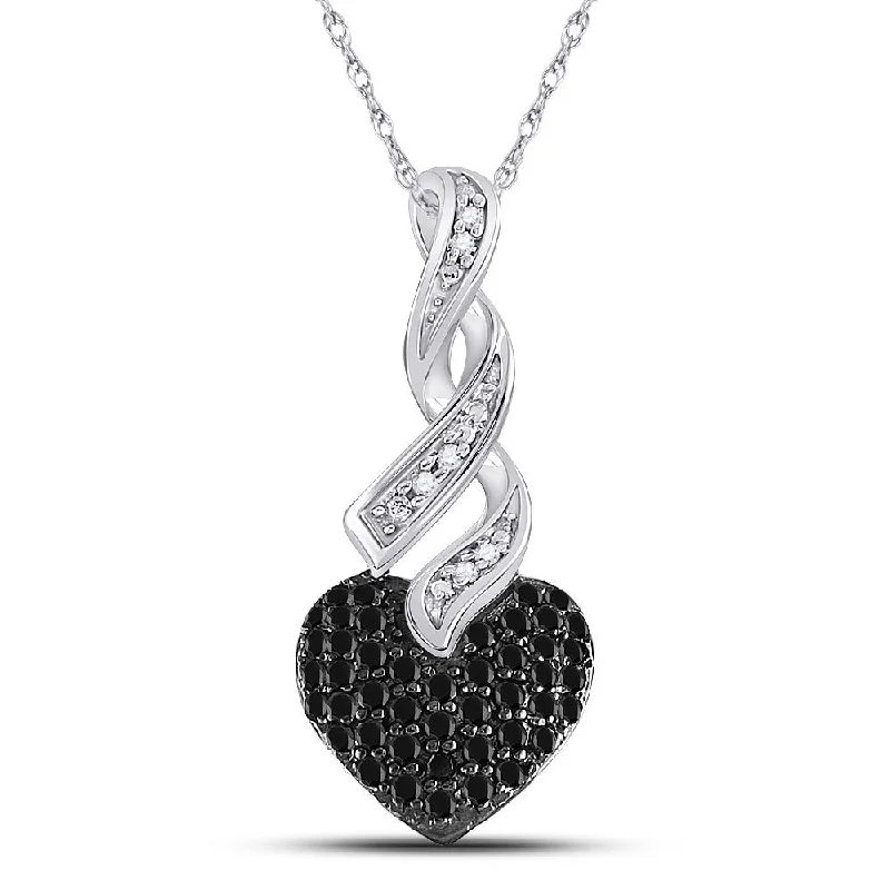 Textured iron necklace-10kt White Gold Womens Round Black Color Enhanced Diamond Heart Pendant 1/3 Cttw