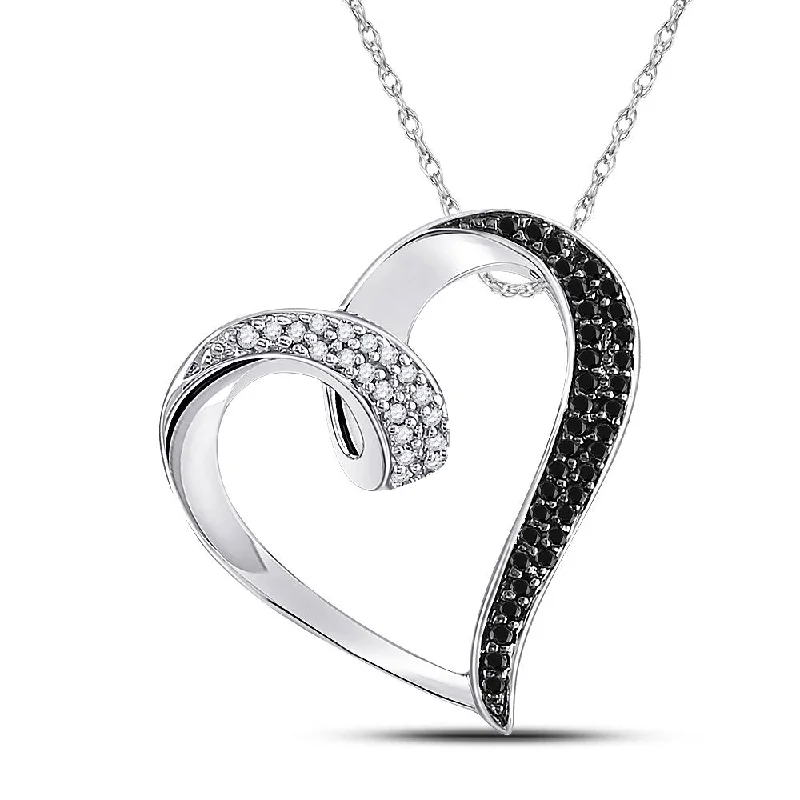 Glossy gem necklace-10kt White Gold Womens Round Black Color Enhanced Diamond Heart Pendant 1/6 Cttw