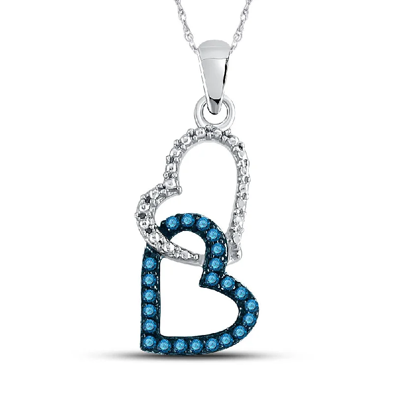 Streaked stone necklace-10kt White Gold Womens Round Blue Color Enhanced Diamond Double Heart Dangle Pendant 1/6 Cttw