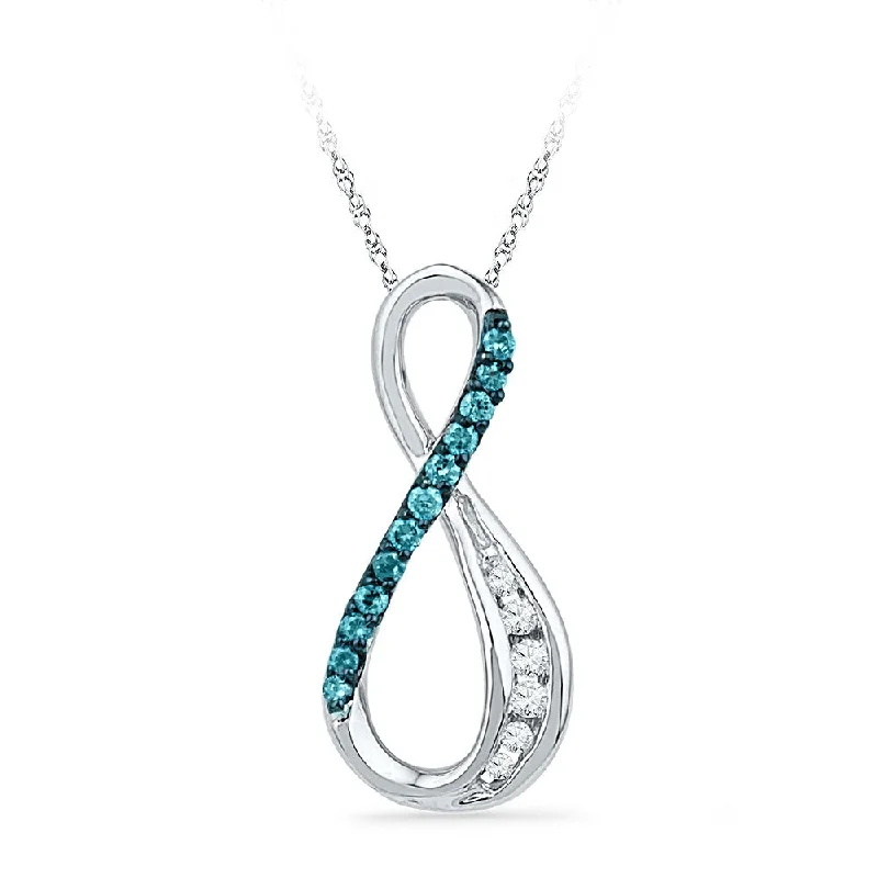 Encased gem necklace-10kt White Gold Womens Round Blue Color Enhanced Diamond Infinity Pendant 1/6 Cttw