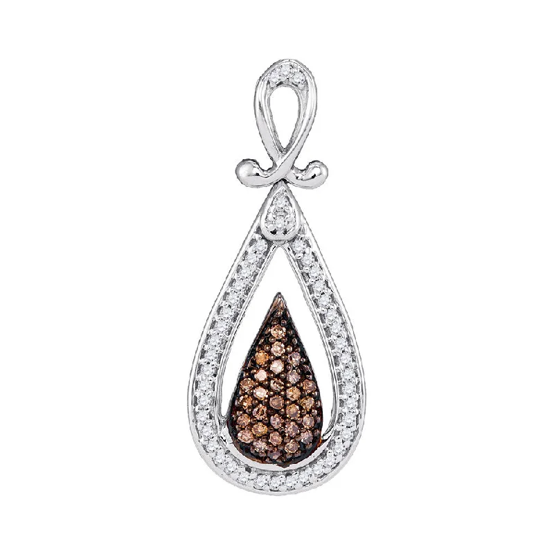 Rustic finish necklace-10kt White Gold Womens Round Brown Diamond Teardrop Cluster Pendant 1/4 Cttw