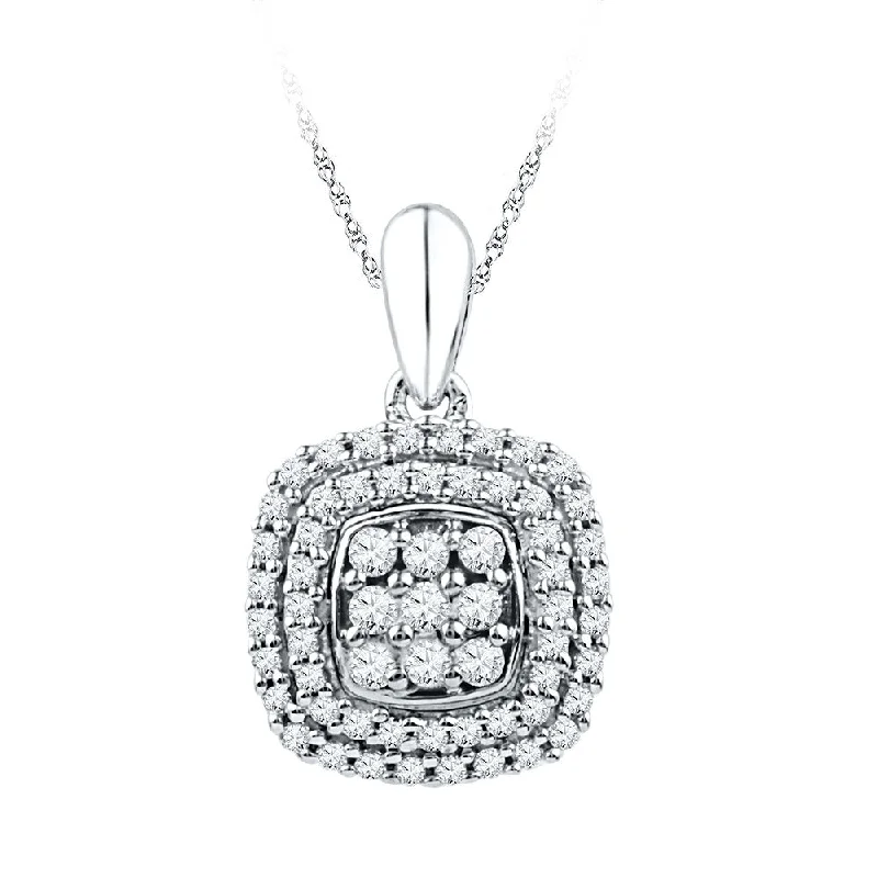 Heaped birthstone necklace-10kt White Gold Womens Round Diamond Cluster Double Frame Square Pendant 1/3 Cttw