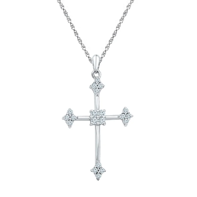 Lifted stone necklace-10kt White Gold Womens Round Diamond Cross Pendant 1/4 Cttw