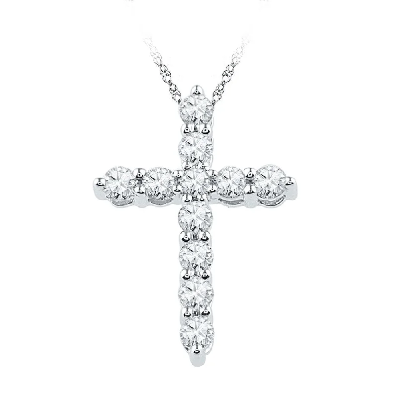 Flat-set stone necklace-10kt White Gold Womens Round Diamond Cross Religious Pendant 1/3 Cttw