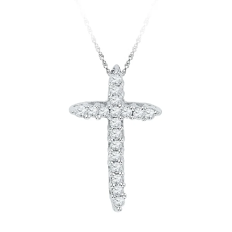 Thick-set pave necklace-10kt White Gold Womens Round Diamond Cross Religious Pendant 1/4 Cttw