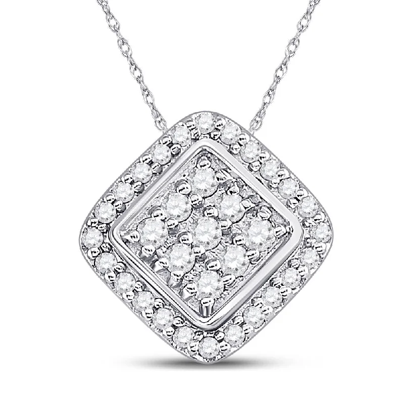 Mottled finish necklace-10kt White Gold Womens Round Diamond Diagonal Square Frame Cluster Pendant 1/4 Cttw