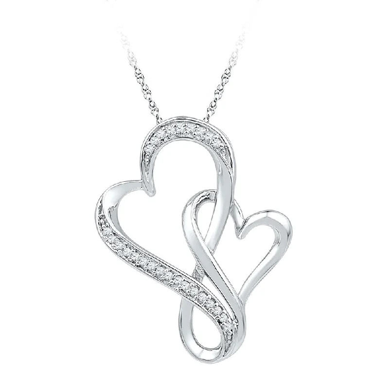 Edge-set necklace-10kt White Gold Womens Round Diamond Double Entwined Heart Pendant 1/10 Cttw