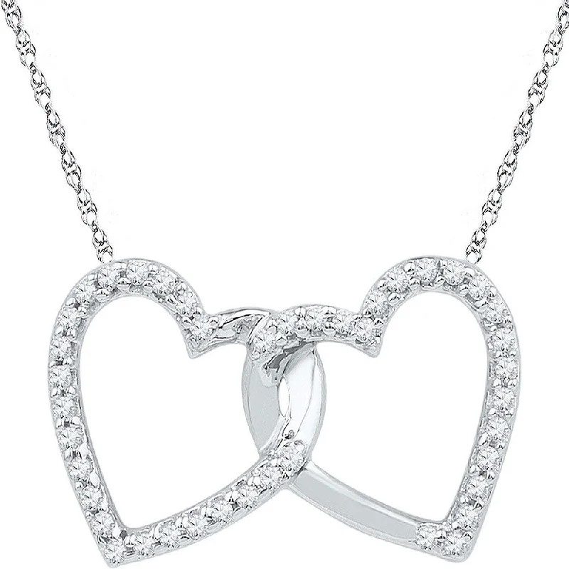 Chilly topaz necklace-10kt White Gold Womens Round Diamond Double Linked Heart Pendant 1/6 Cttw