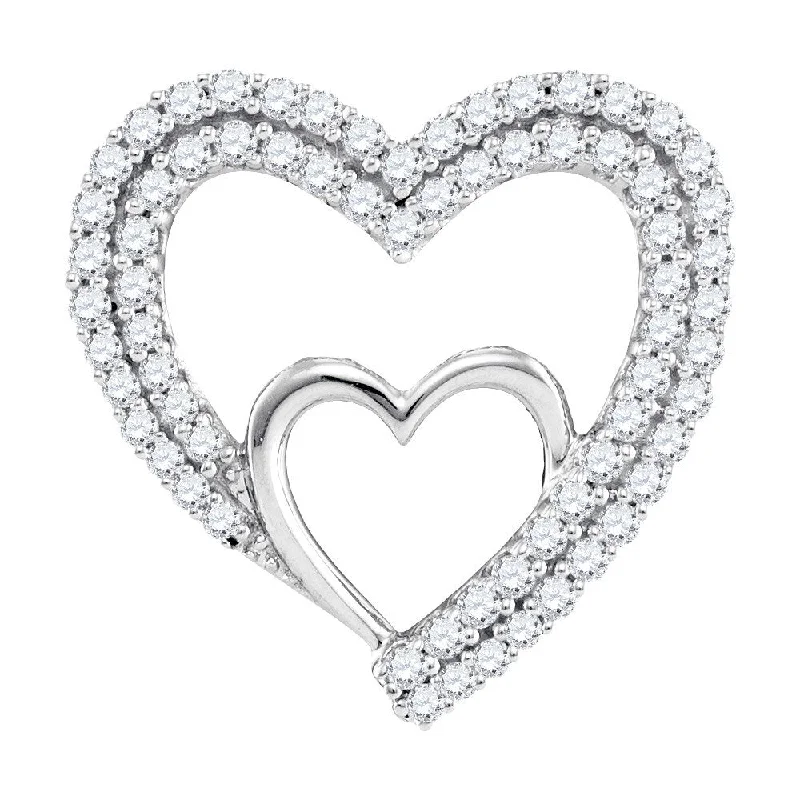 Leaning gem necklace-10kt White Gold Womens Round Diamond Double Nested Heart Pendant 1/2 Cttw