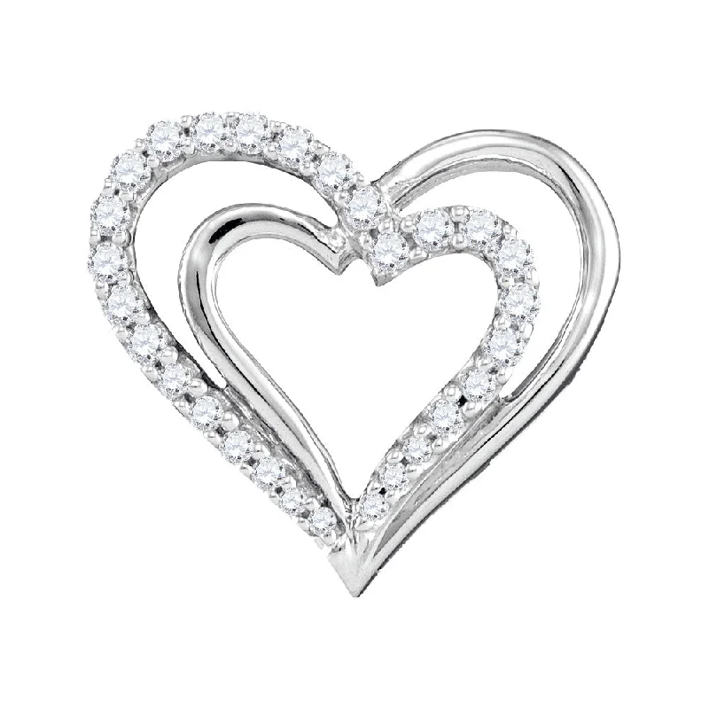 Peaked band necklace-10kt White Gold Womens Round Diamond Double Nested Heart Pendant 1/4 Cttw