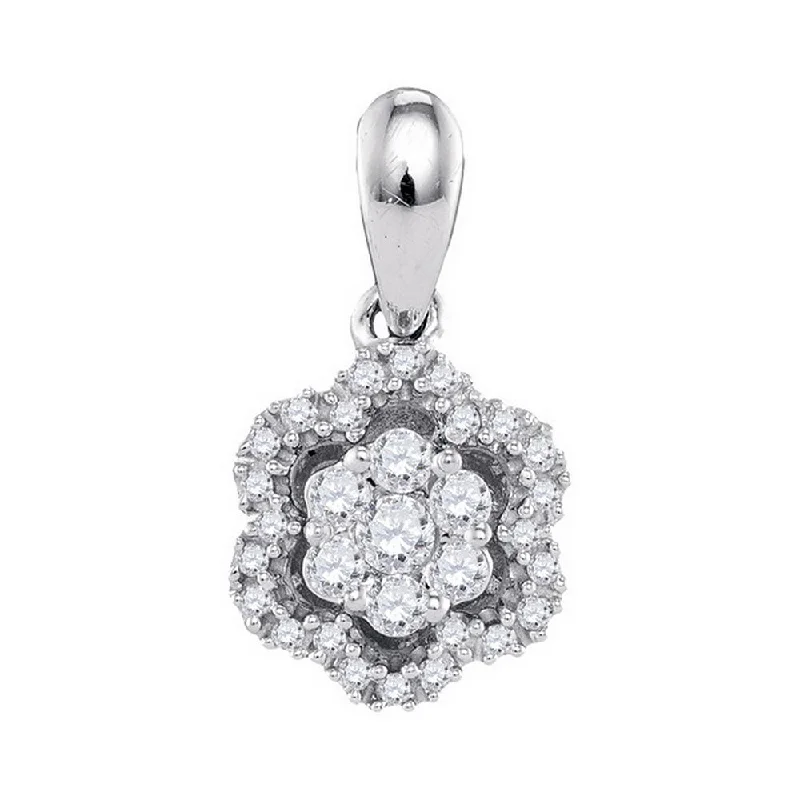 Glossy platinum necklace-10kt White Gold Womens Round Diamond Flower Cluster Pendant 1/5 Cttw