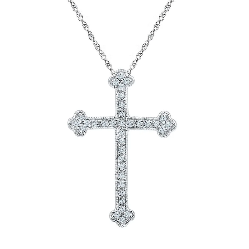 Shimmering minimalist necklace-10kt White Gold Womens Round Diamond Gothic Cross Religious Pendant 1/5 Cttw