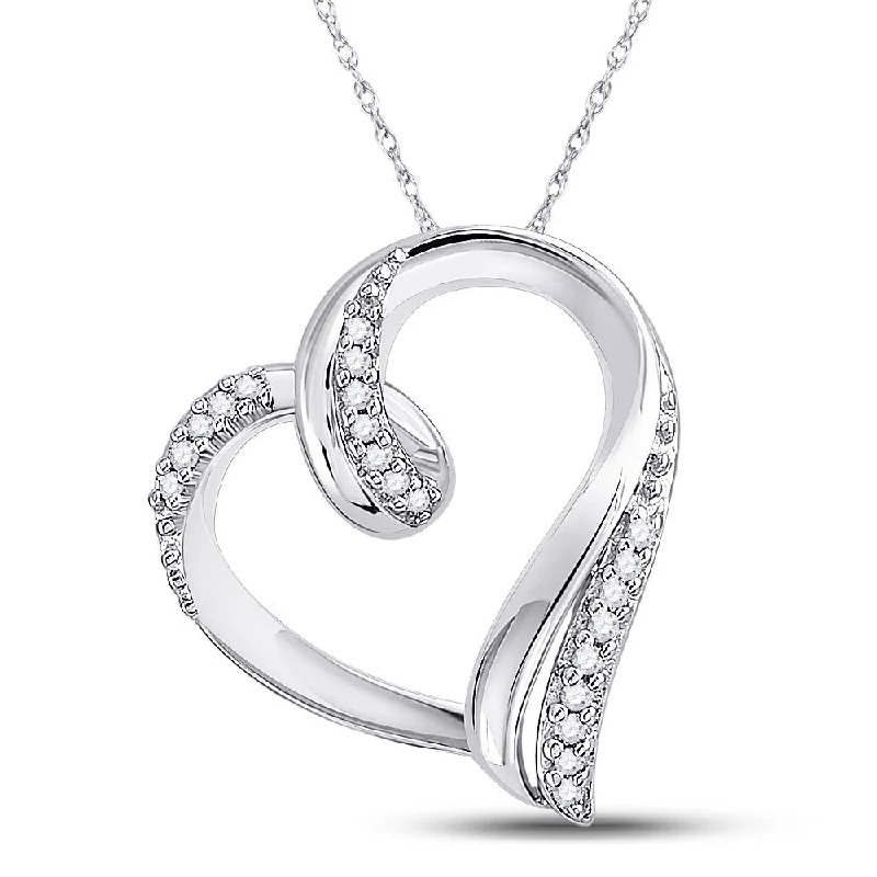 Carved pattern necklace-10kt White Gold Womens Round Diamond Heart Outline Pendant 1/10 Cttw