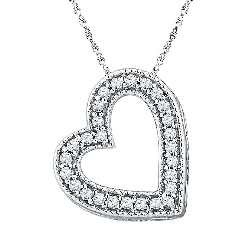 Light silver necklace-10kt White Gold Womens Round Diamond Heart Pendant 1/8 Cttw