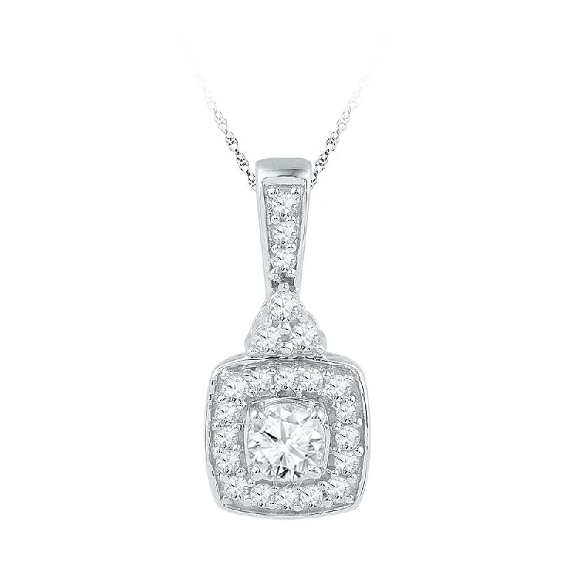 Drifting diamond necklace-10kt White Gold Womens Round Diamond Solitaire Square Framed Pendant 1/2 Cttw