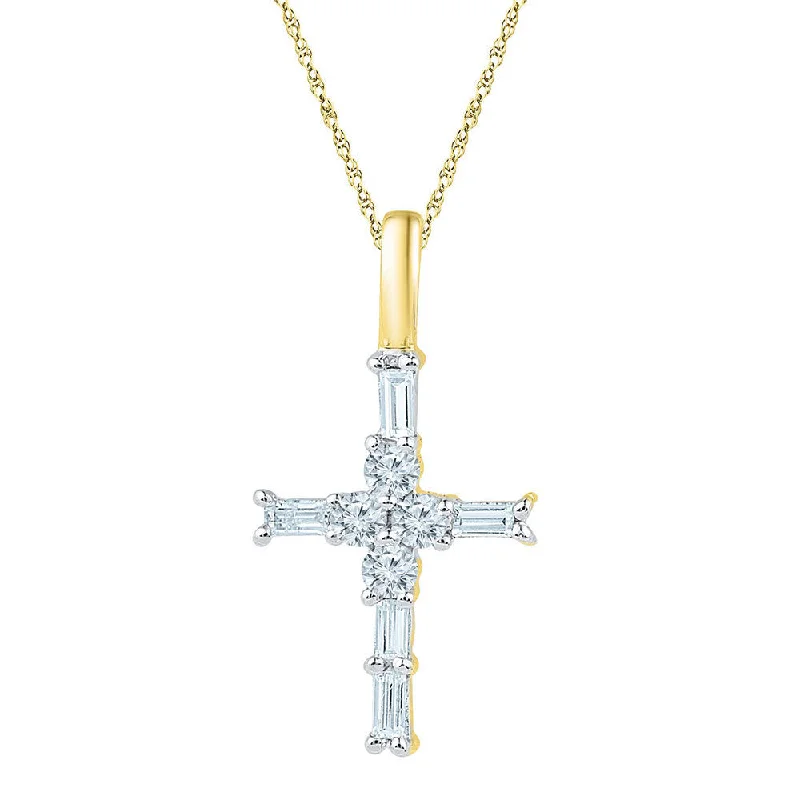 Broad link necklace-10kt Yellow Gold Womens Baguette Diamond Cross Pendant 1/4 Cttw